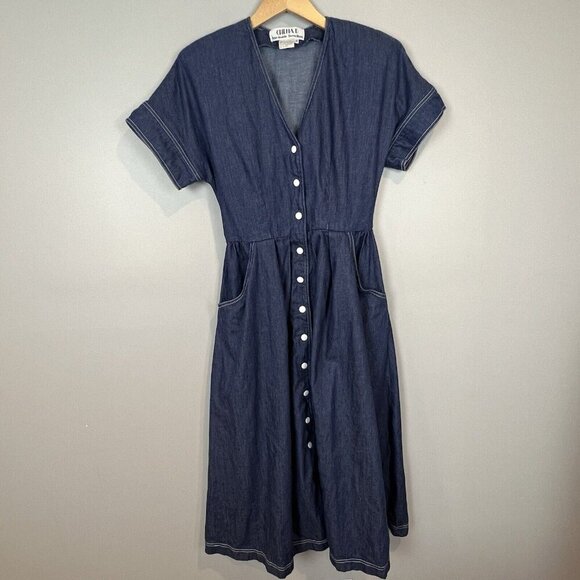 Chetta B Denim Midi Dress Snap Front Size 14 Peter Noviello Padded Shoulders - Picture 1 of 7